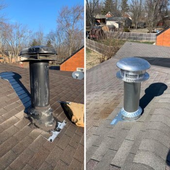 rusted chimney with cap and new shiny chimney with cap